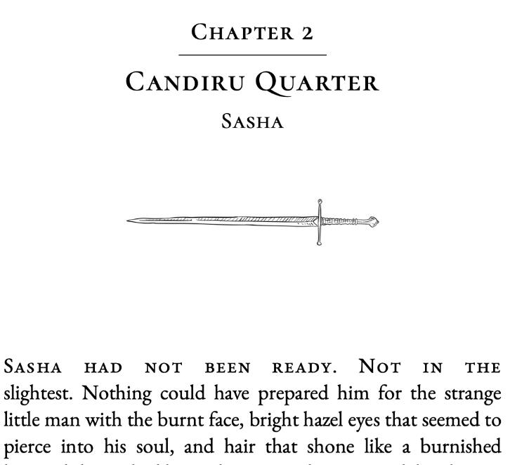 Numbered chapter with title and subtitle, + decoration